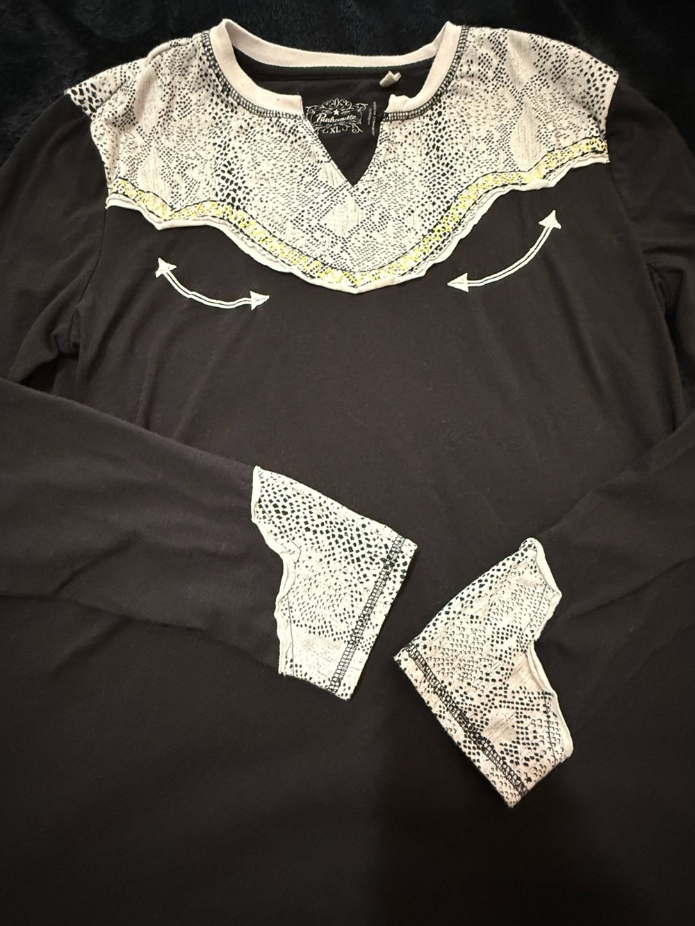 Womens Black Long-Sleeve Blouse with White Lace Yoke - Picture 3 of 5